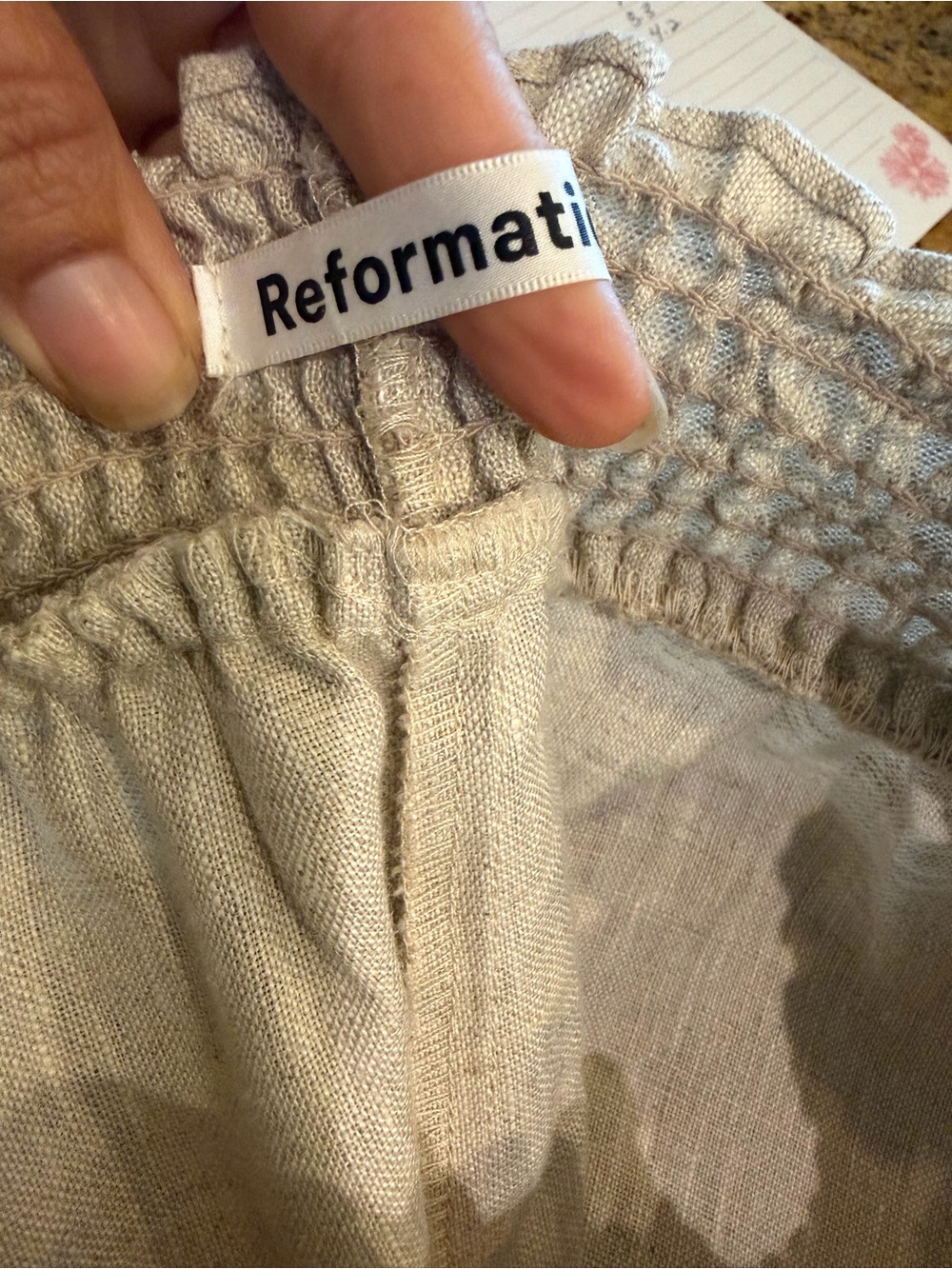 Reformation Oatmeal 100% Linen High Rise Smocked Waist Pants Size S - Picture 7 of 7
